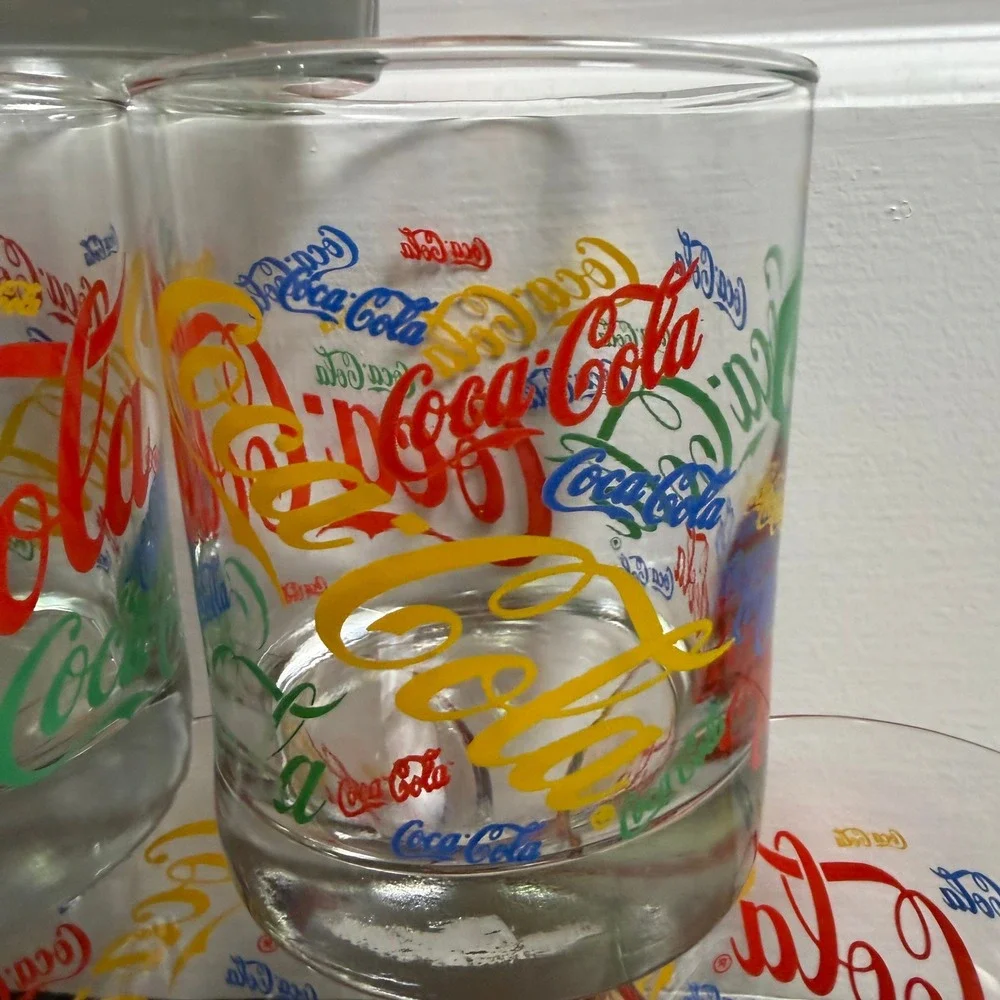 Vintage Coca-Cola Multi-Color All Over Print Glass‎ Tumblers Set of 6 Retro 4